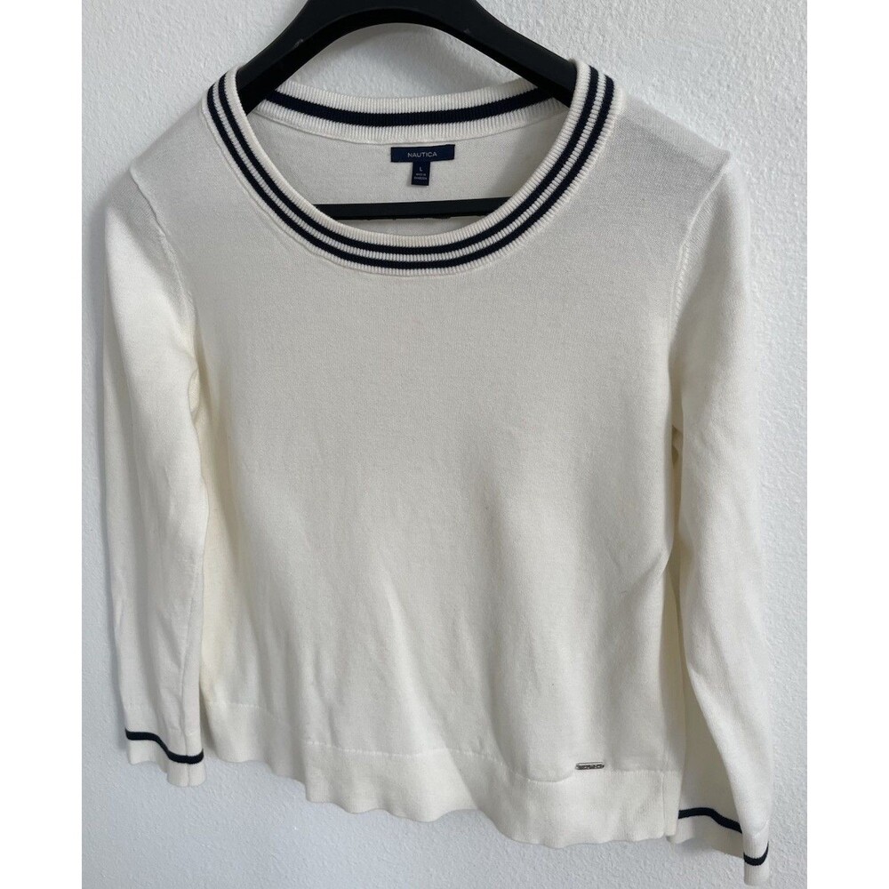 Nautica Long Sleeve Womens Sweater Large Ivory Navy Blue Trim Preppy Coastal